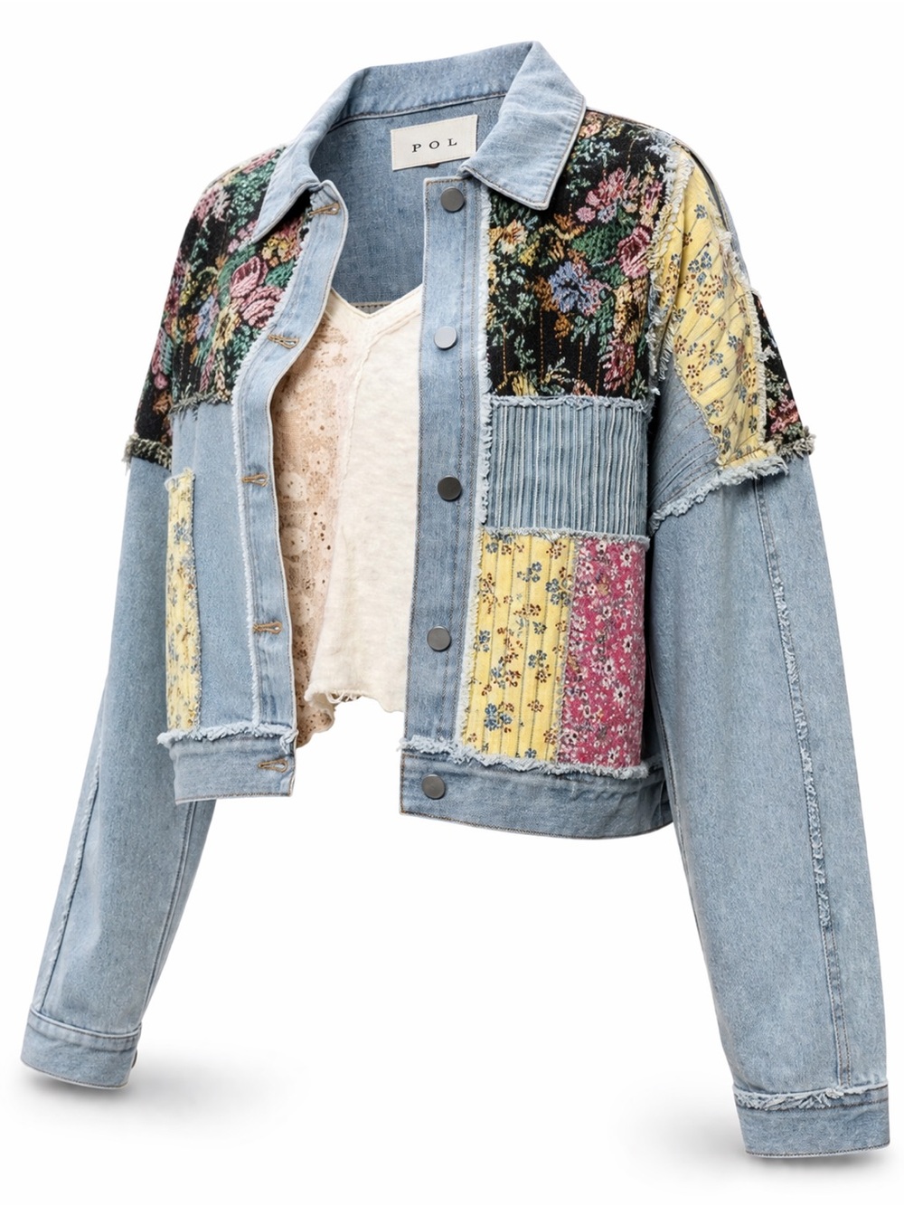 POL Patchwork Denim Jacket Small Boho Cropped Floral NWT - Picture 6 of 14